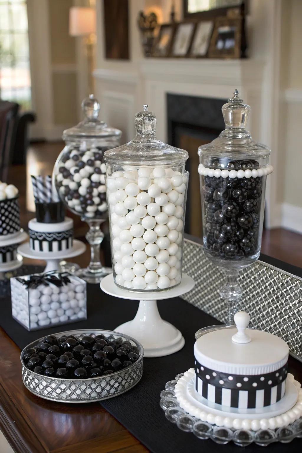 A sophisticated display of ebony and ivory sweets.