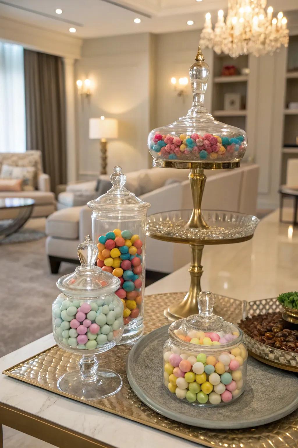 Stylish glass containers and platforms highlighting the candy display