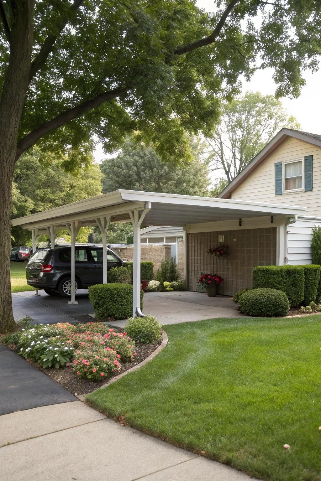 A detached carport, offering flexibility and style adjacent to the home.