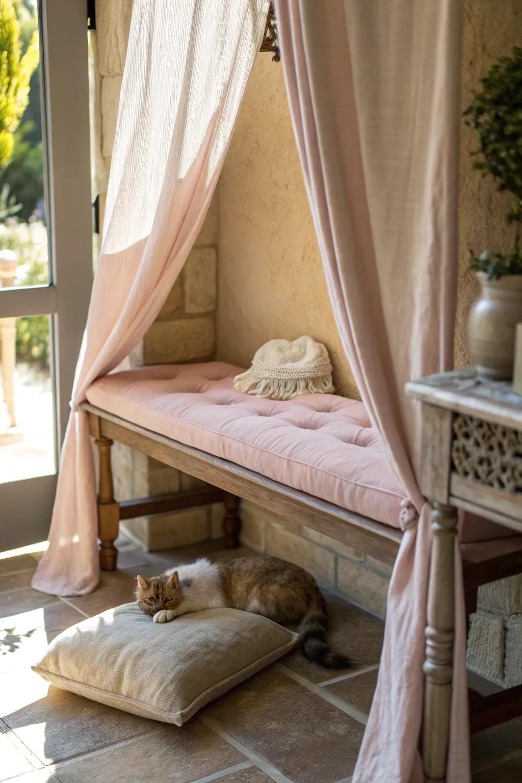 A cozy sanctuary beneath a bench, perfect for a cat’s personal retreat.
