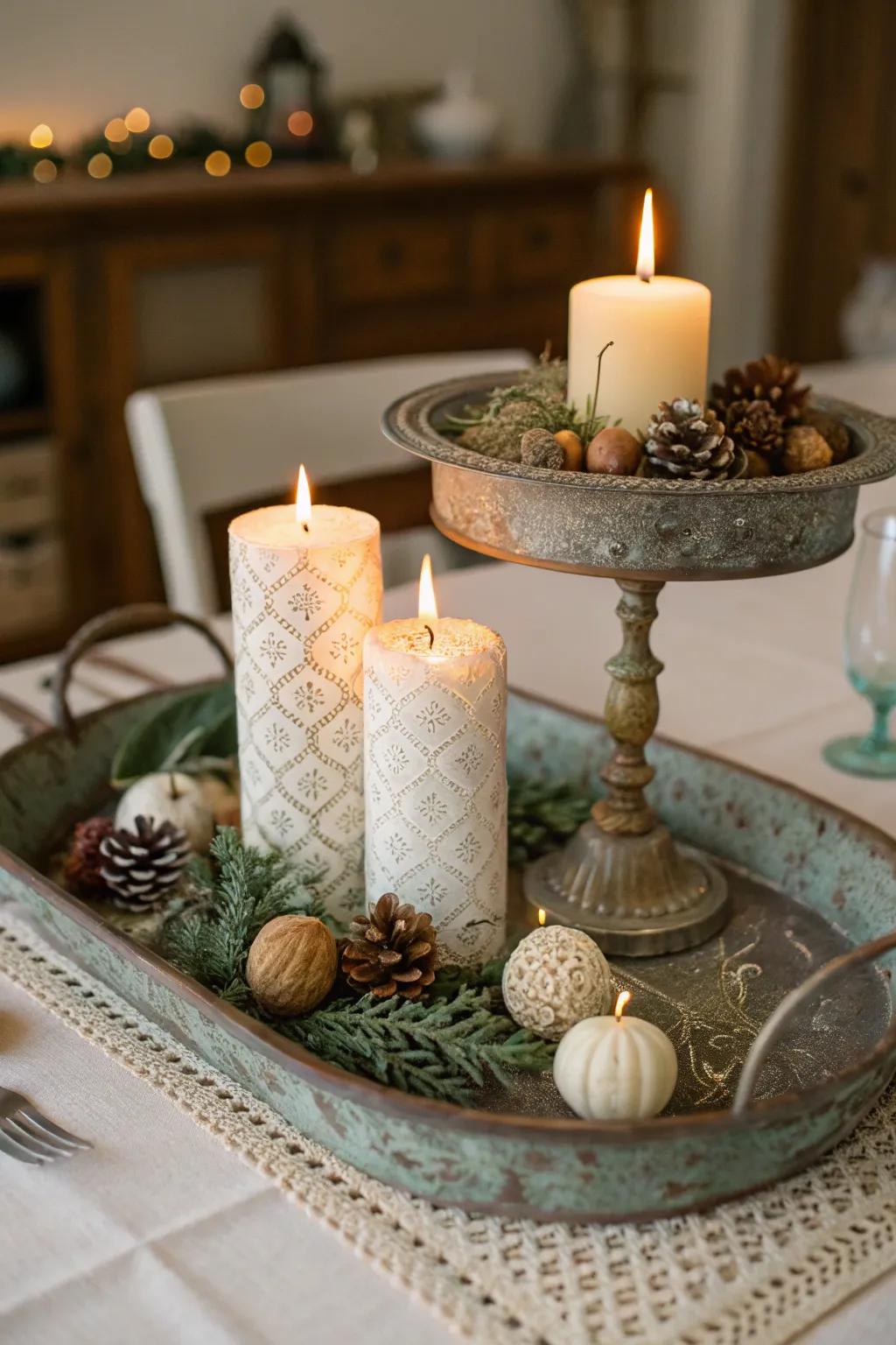 Nostalgic charm featuring a plate centerpiece base.