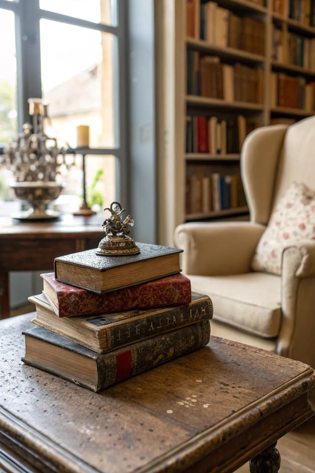Classic novels contribute character and height to your table arrangement.