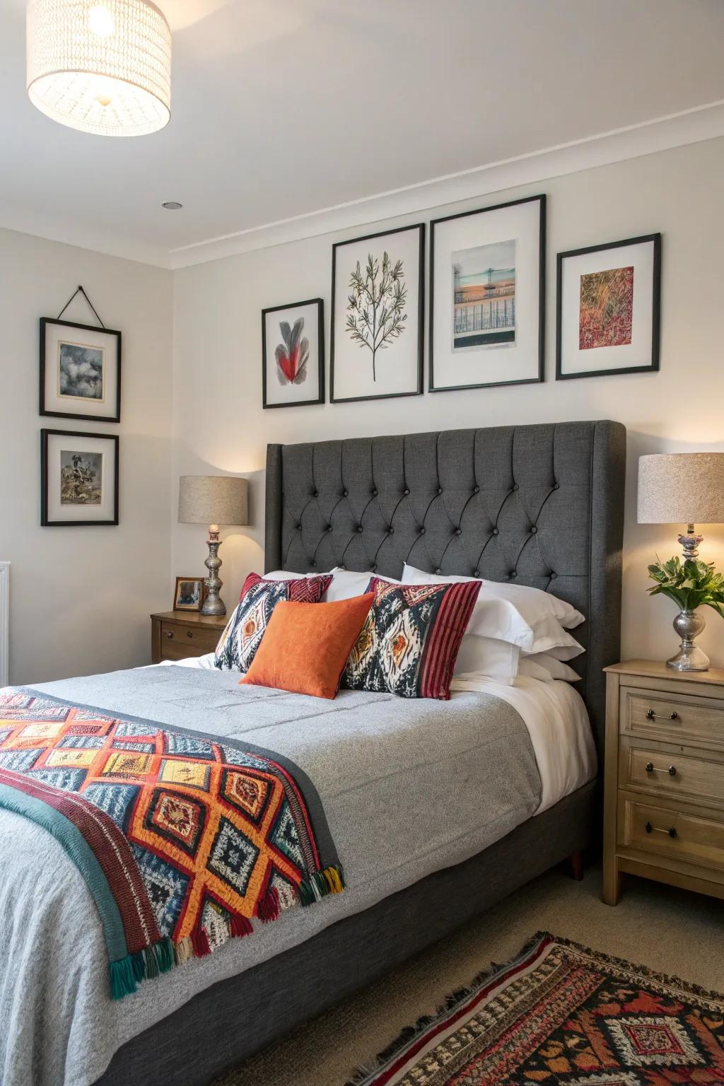 A vibrant pop of color breathes life into a neutral grey headboard setting.