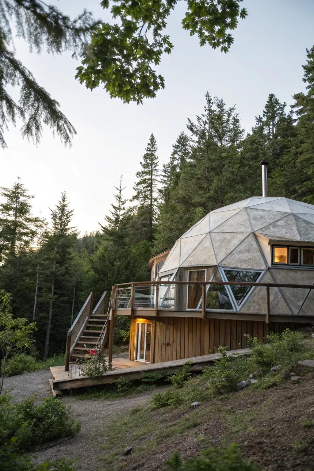 A spherical shelter home blending seamlessly with its natural environment.