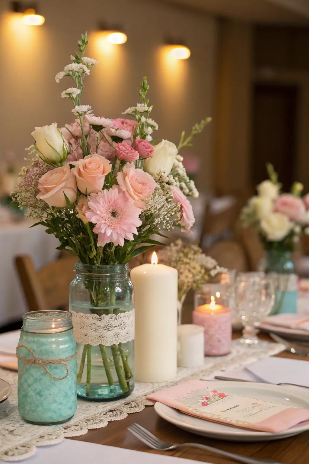 Employ mason jars for a charming and budget-friendly impression.