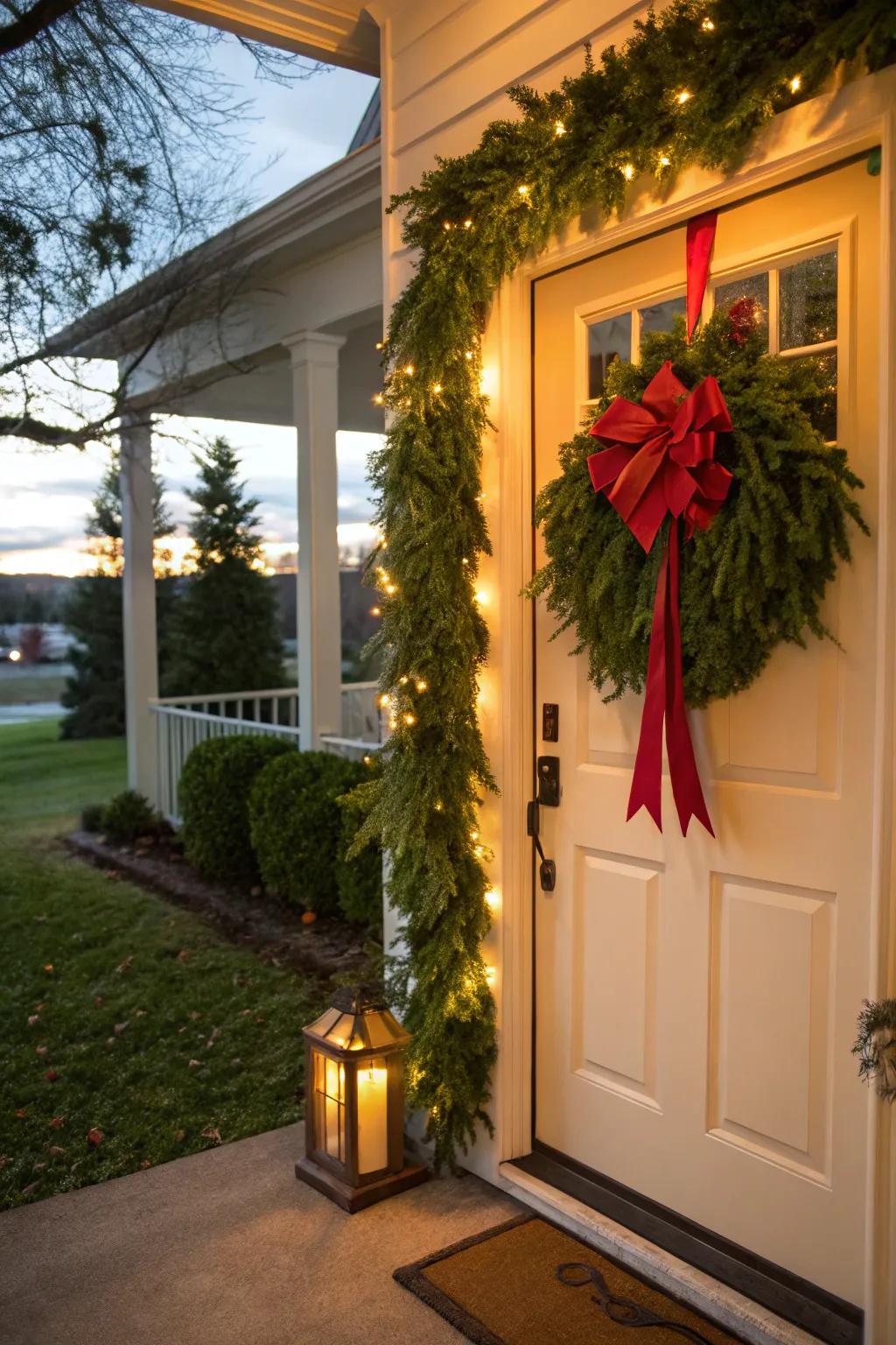 Mix nature with festive style using greenery and bows.