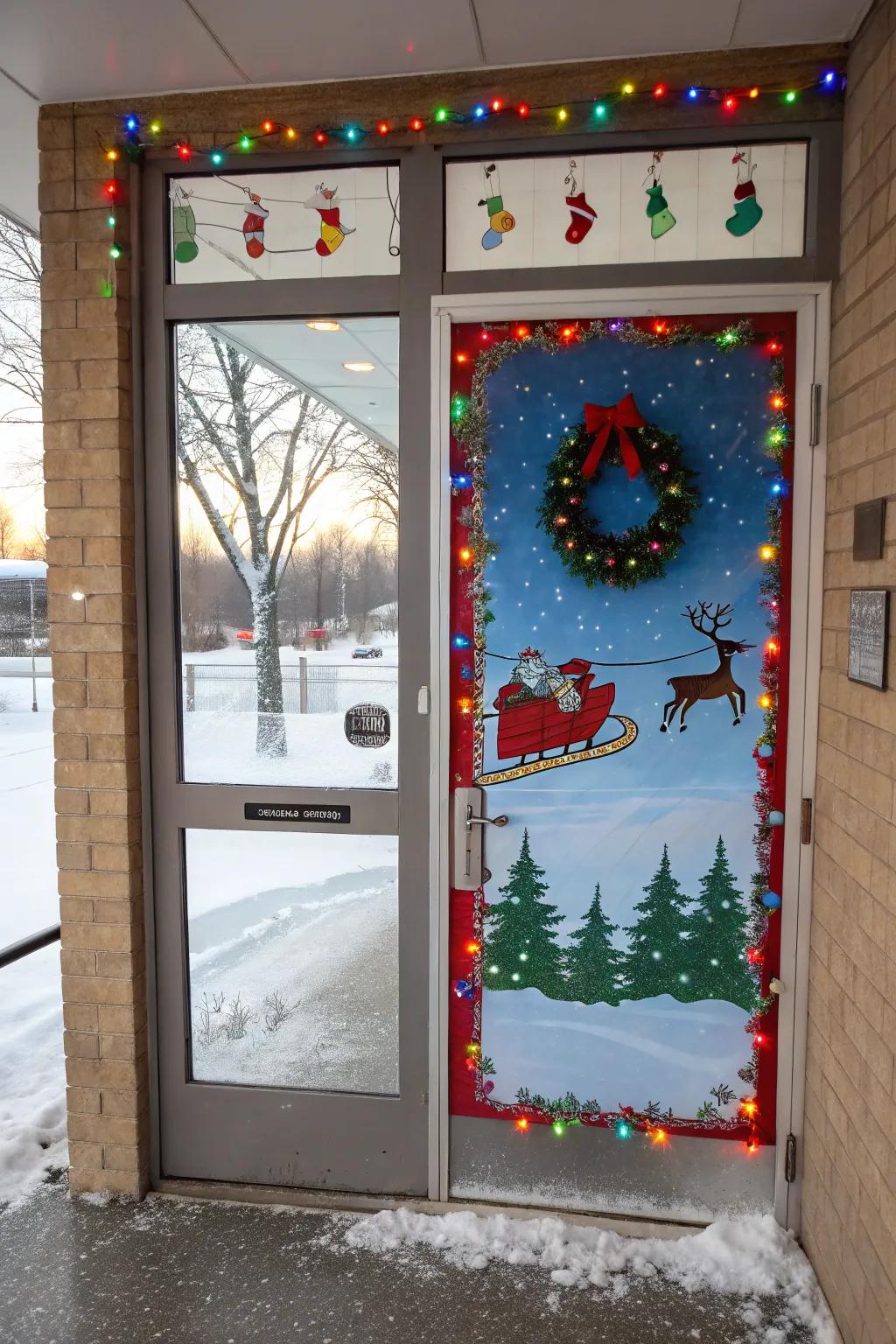 Santa's sleigh and reindeer zoom across this celebratory portal.