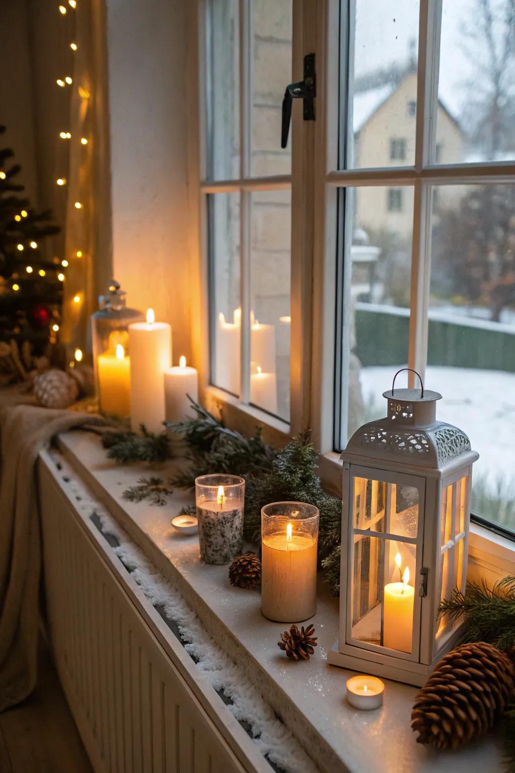 Candles and lanterns on the ledge provide a cozy, inviting radiance.