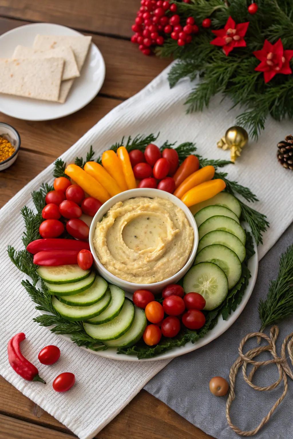Festive vegetable wreath served with hummus.