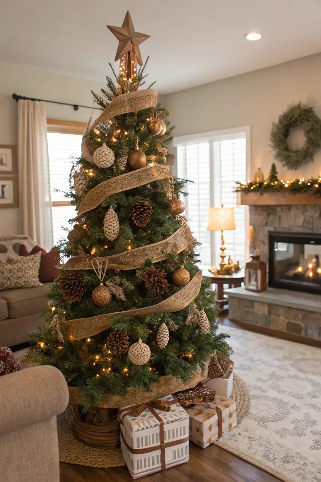 Rustic components construct an inviting and cozy rural retreat Christmas tree.