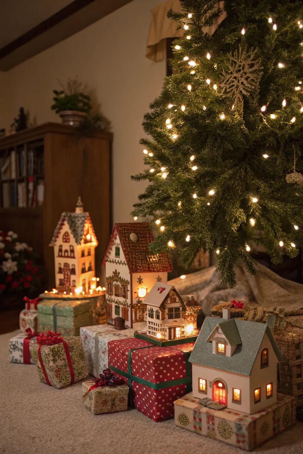 A classic Christmas village is placed under the tree for extra charm.
