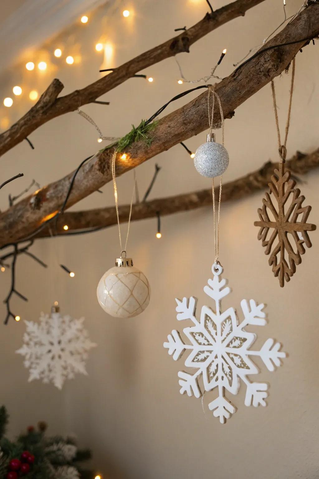A raw branch introducing whimsical appeal to the holiday ornamentation.