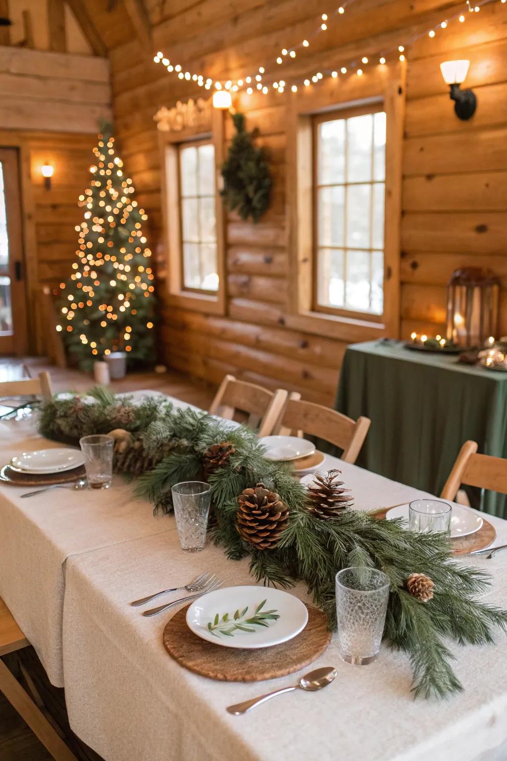 Homespun charm with cones and evergreens.