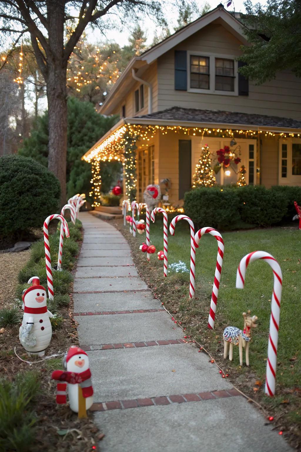 Path illumination guides the way to a festive entrance.