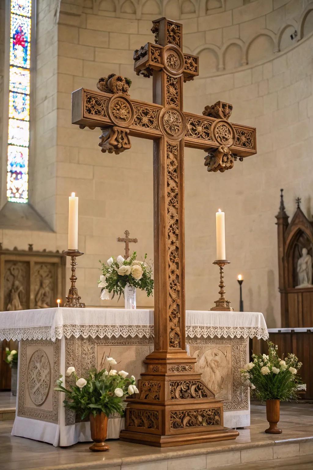 An altar adorned with complex timber cross and etchings, adding homespun appeal.