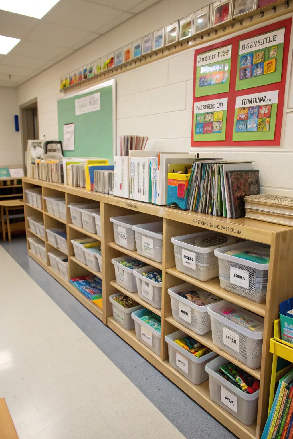 Organized storage keeps mess away and resources nearby.