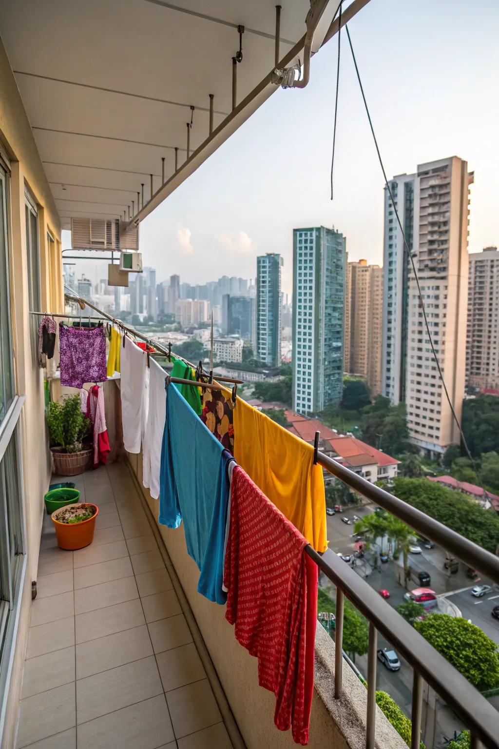 A handy pulley system clothesline on a city balcony.