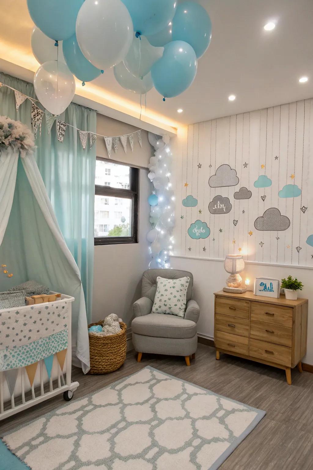 A muted color spectrum crafts a serene and inviting atmosphere, perfect for a cumulus-themed baby shower.