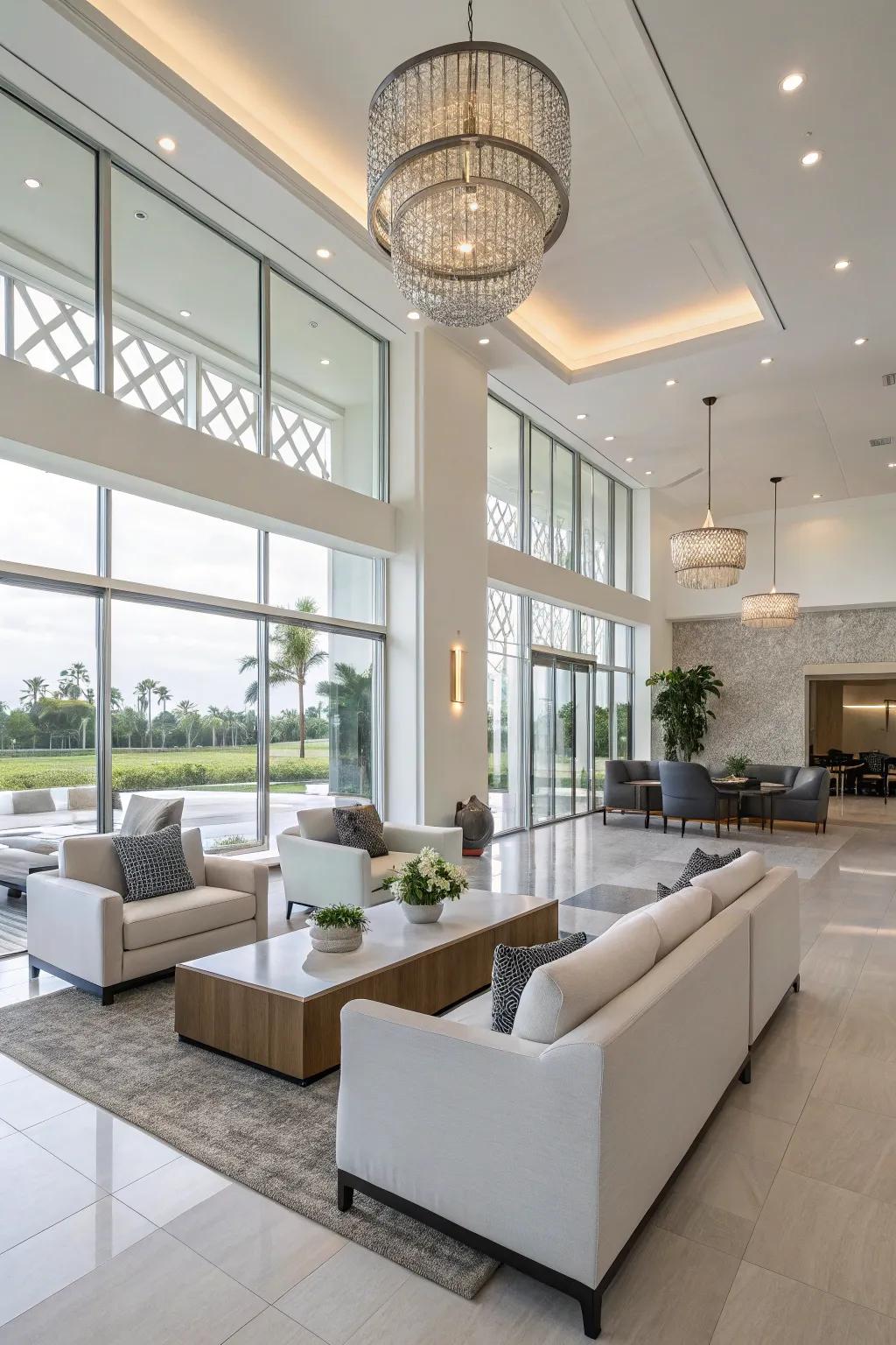 Contemporary simplicity with refined furniture inside a clubhouse.
