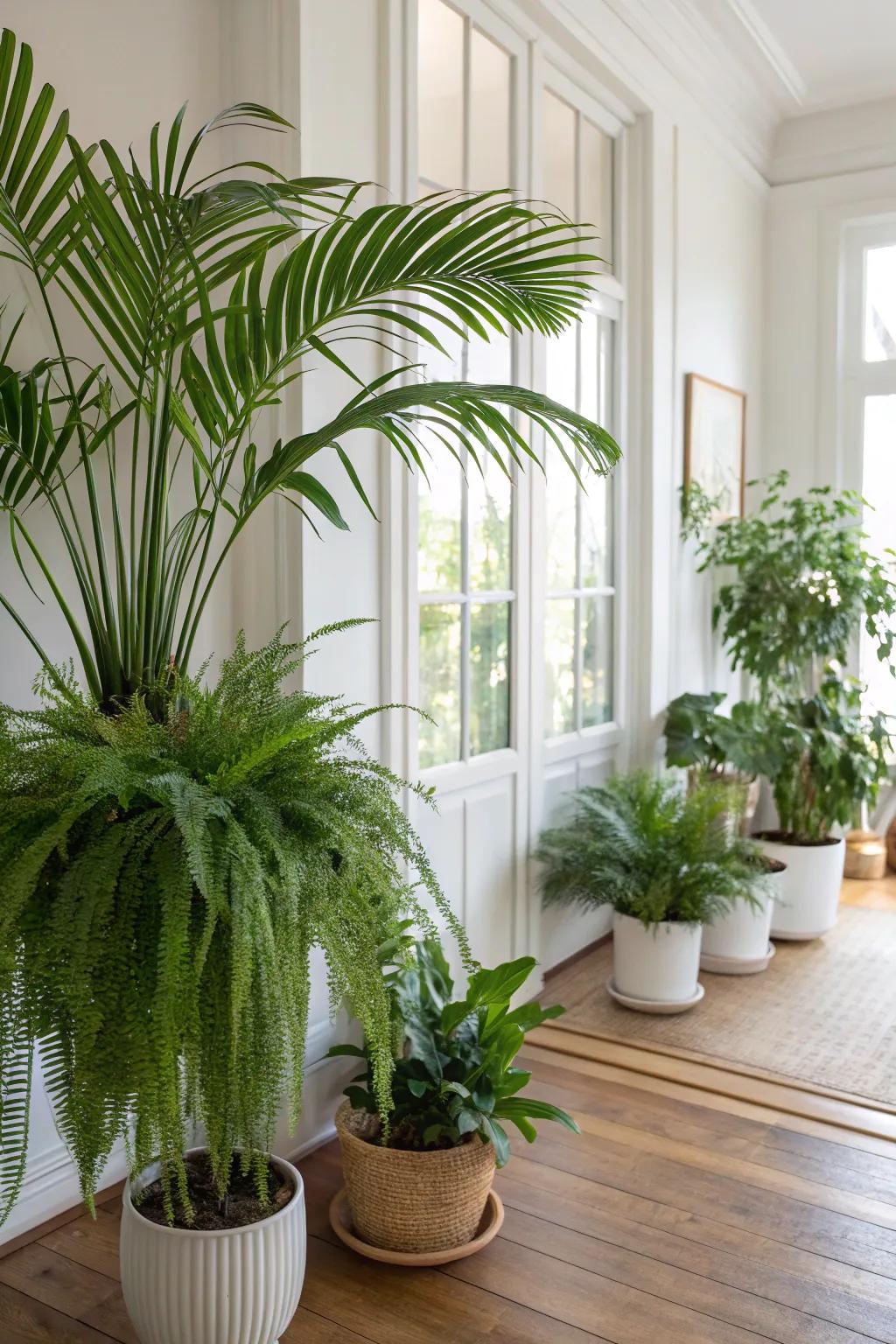 A room enlivened by lush greenery and coastal decor.