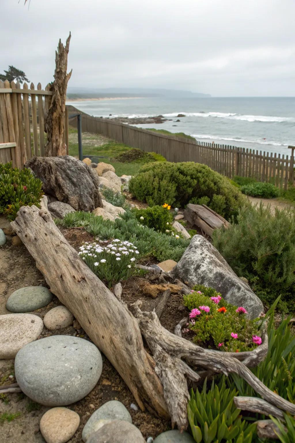 Natural goods provide credibility and charm to a coastal garden.