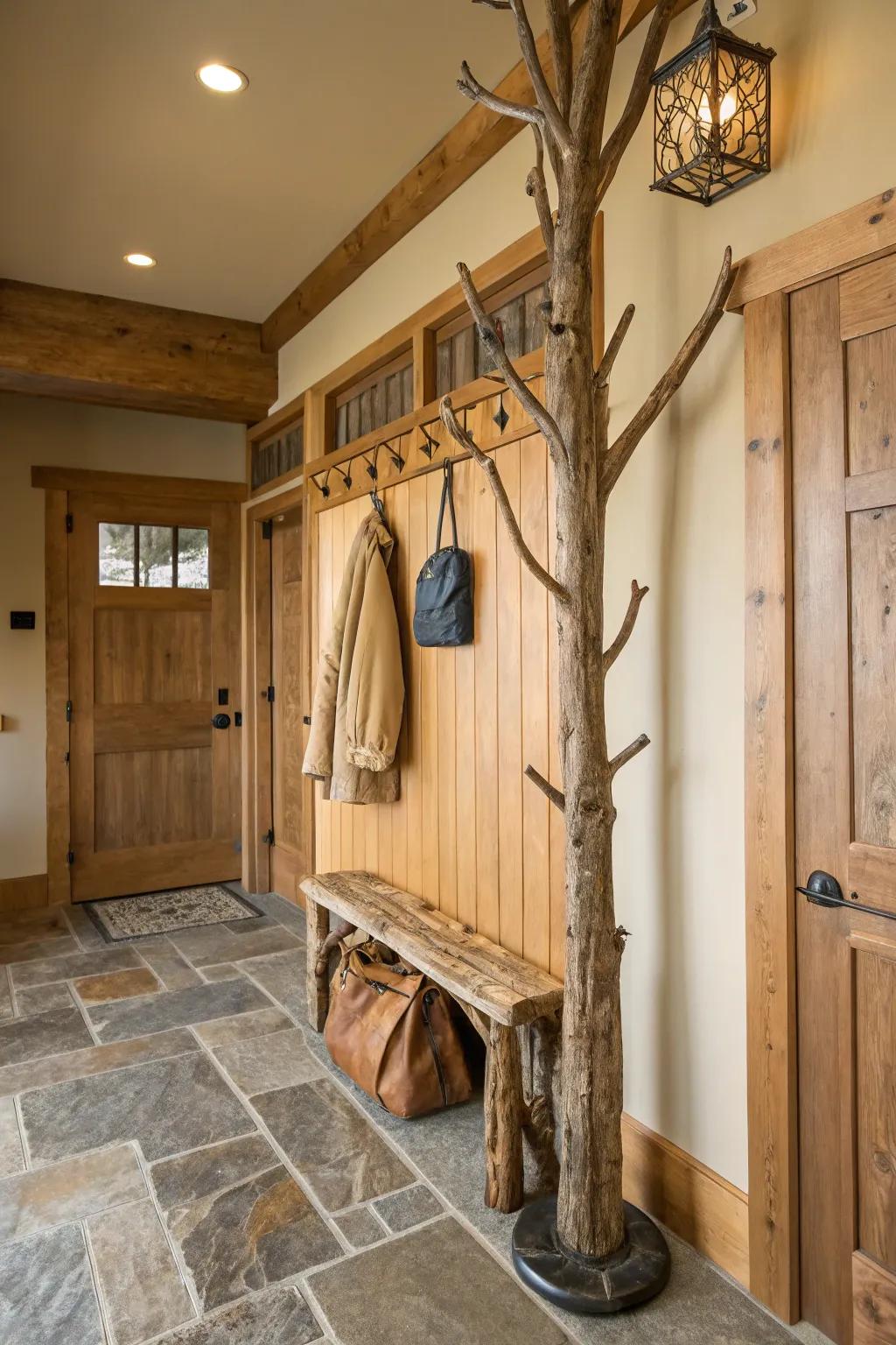 A rustic coat rack constructed from wooden branches, enhancing the organic feel of the entryway.