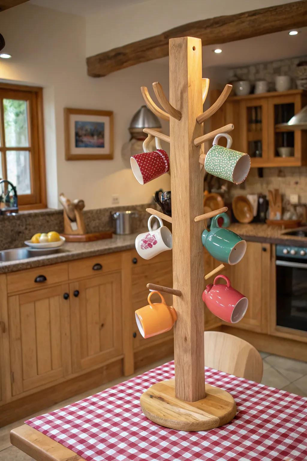 A mug holder showcasing an array of colorful mugs.