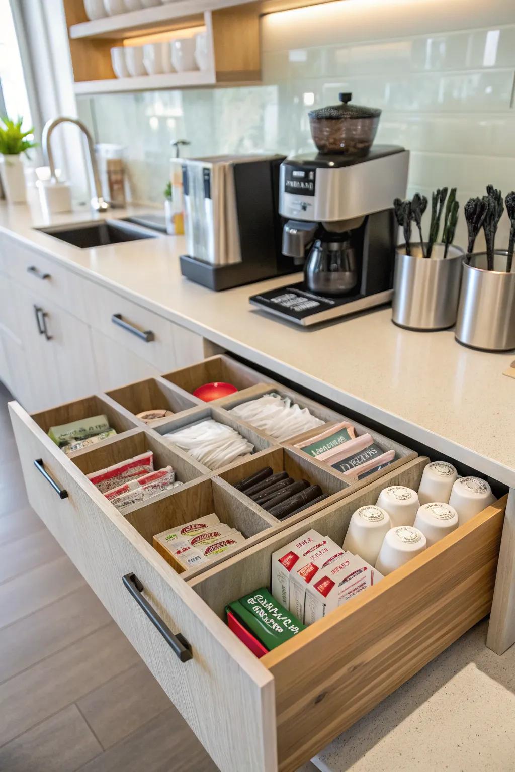 Sorted condiments streamline your coffee preparation.