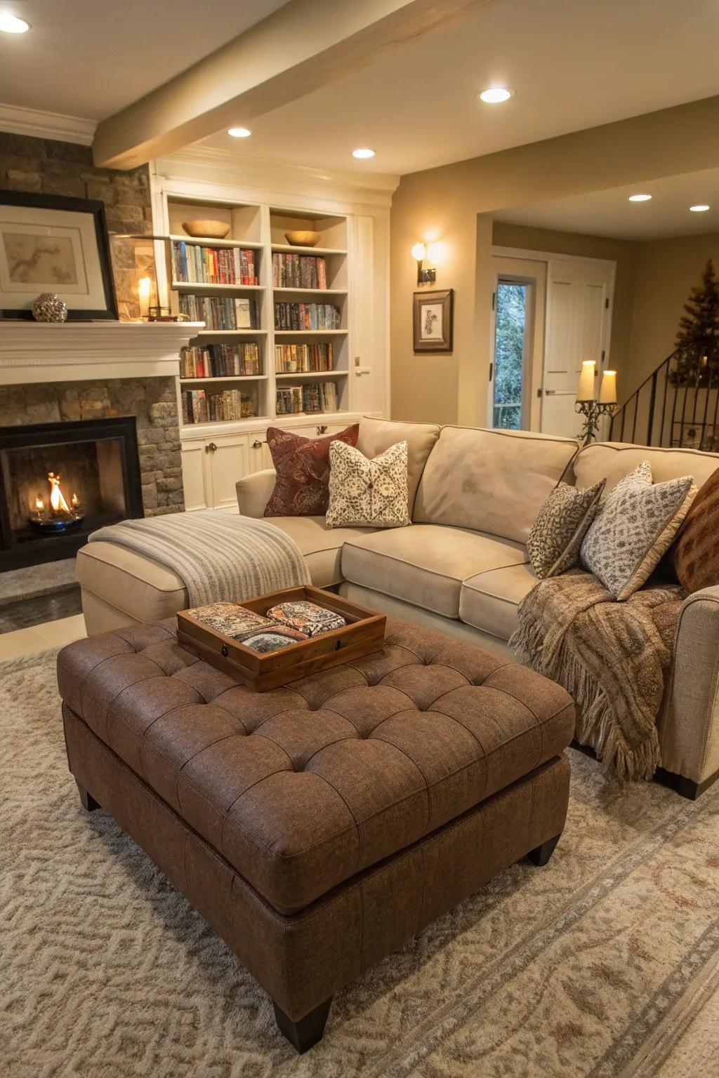 An ottoman provides comfort and versatility, serving as a coffee table alongside a sectional sofa.