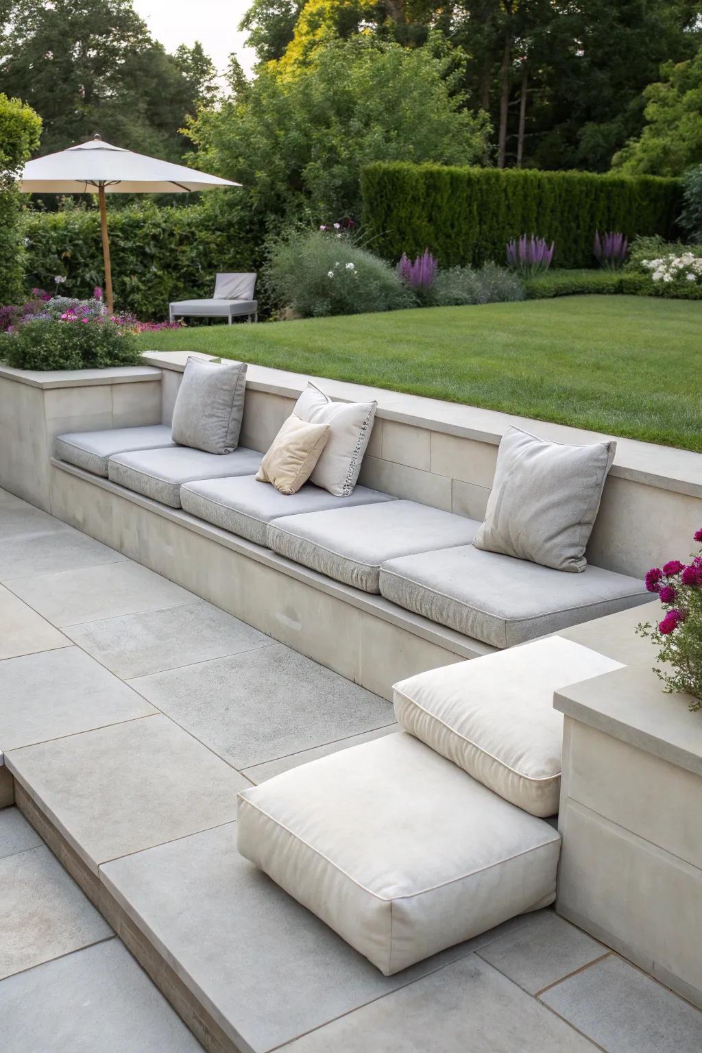 Integrated seating transforms patio borders into functional social spaces.
