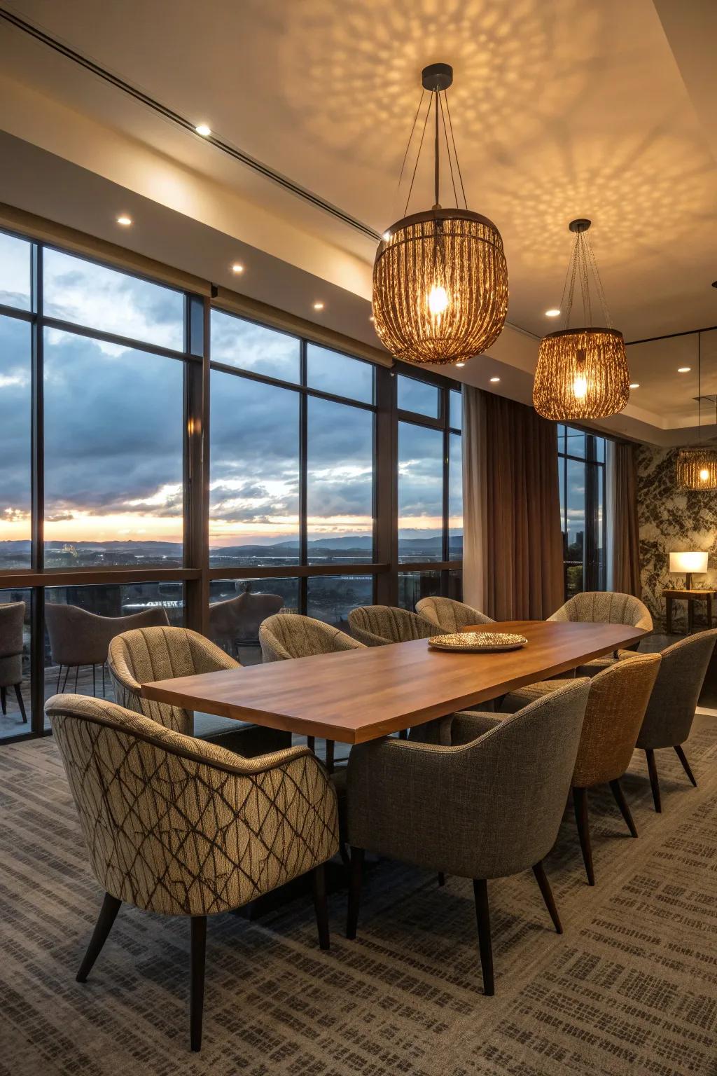Decorative lighting can alter the mood of a meeting space.