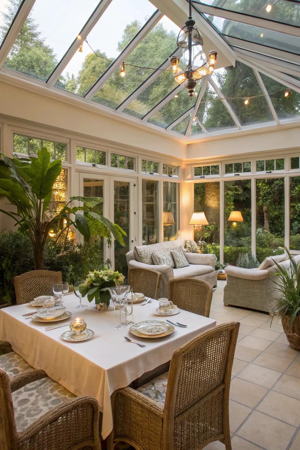 A multi-purpose sunroom area with spaces for dining and unwinding.