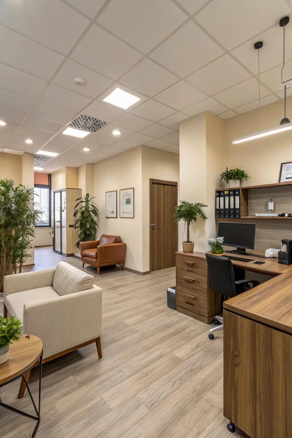 A work environment with a subdued color scheme and natural features.