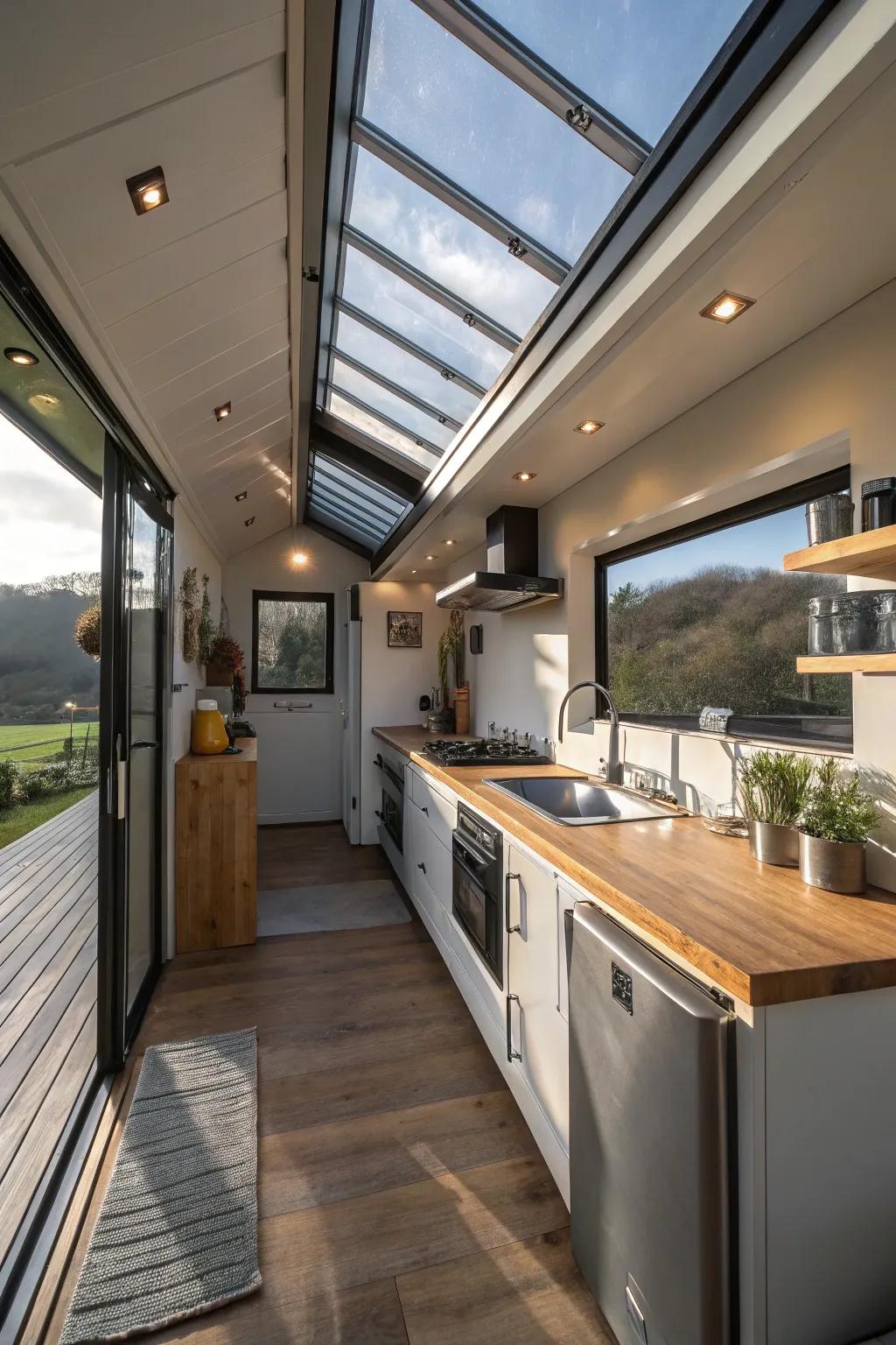 Overhead windows usher sunlight into the culinary area of this container home.