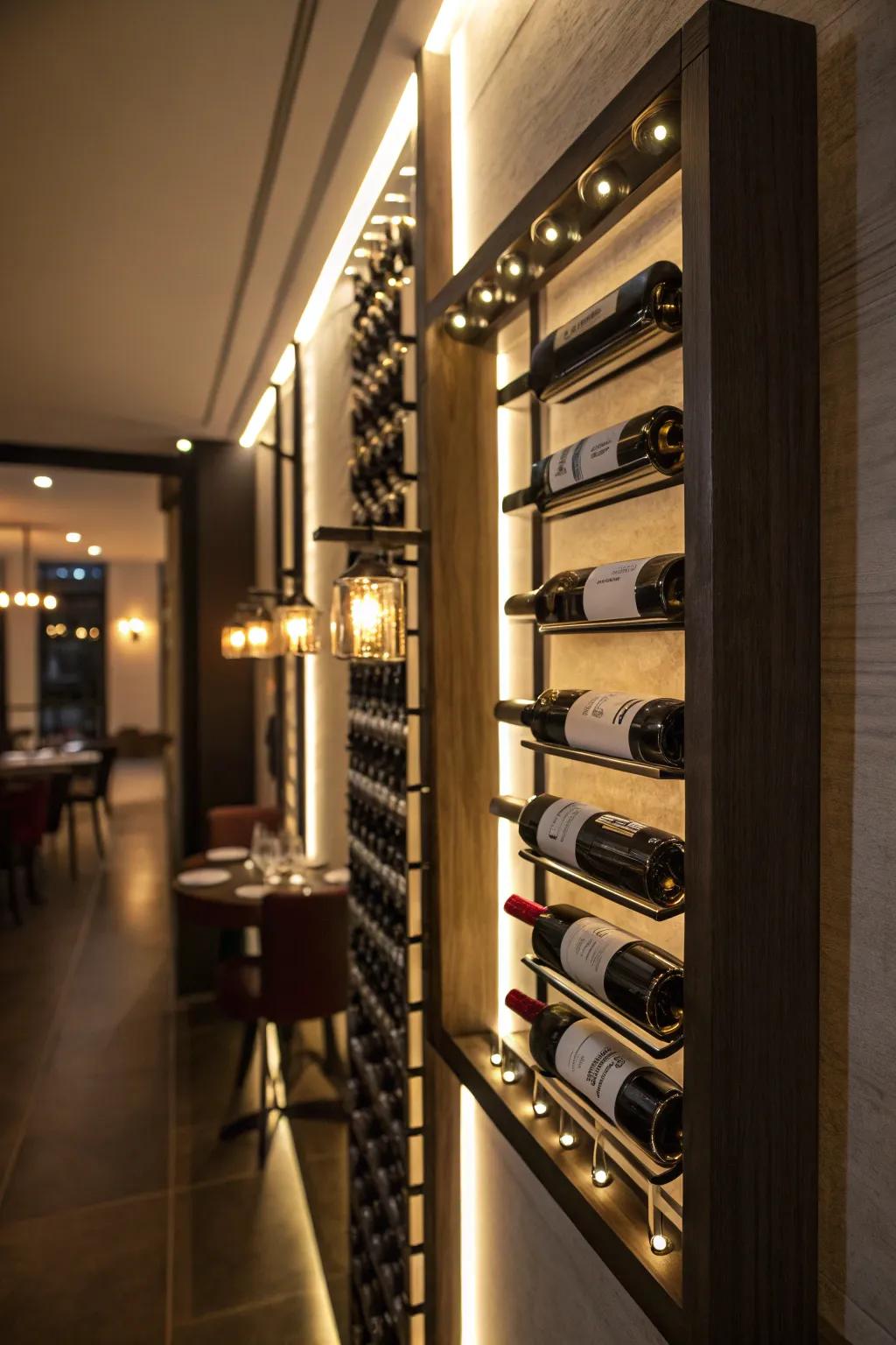 LED lights transform this wine rack into a nighttime centerpiece.
