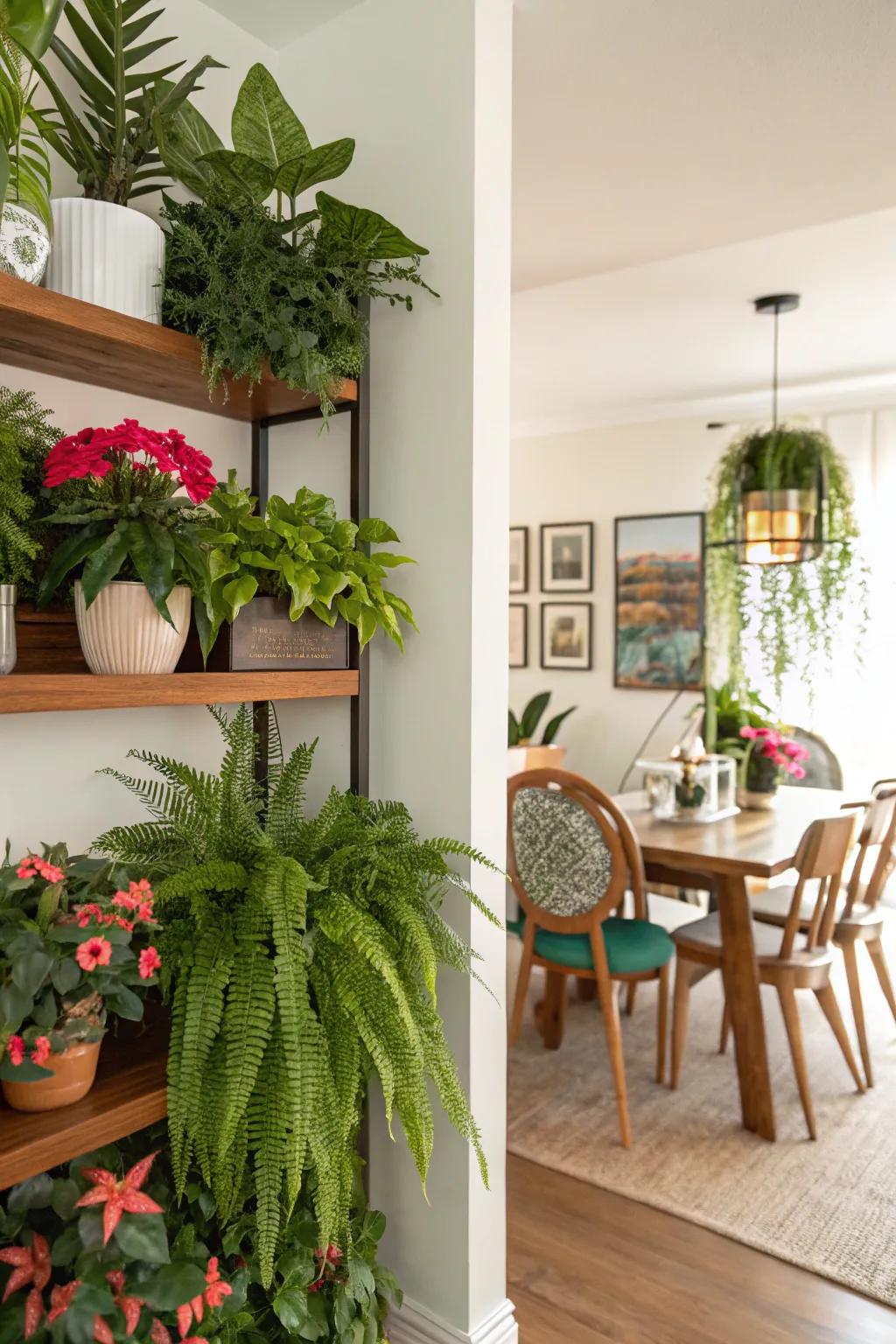 Build a verdant retreat through vibrant plant displays on your shelves.
