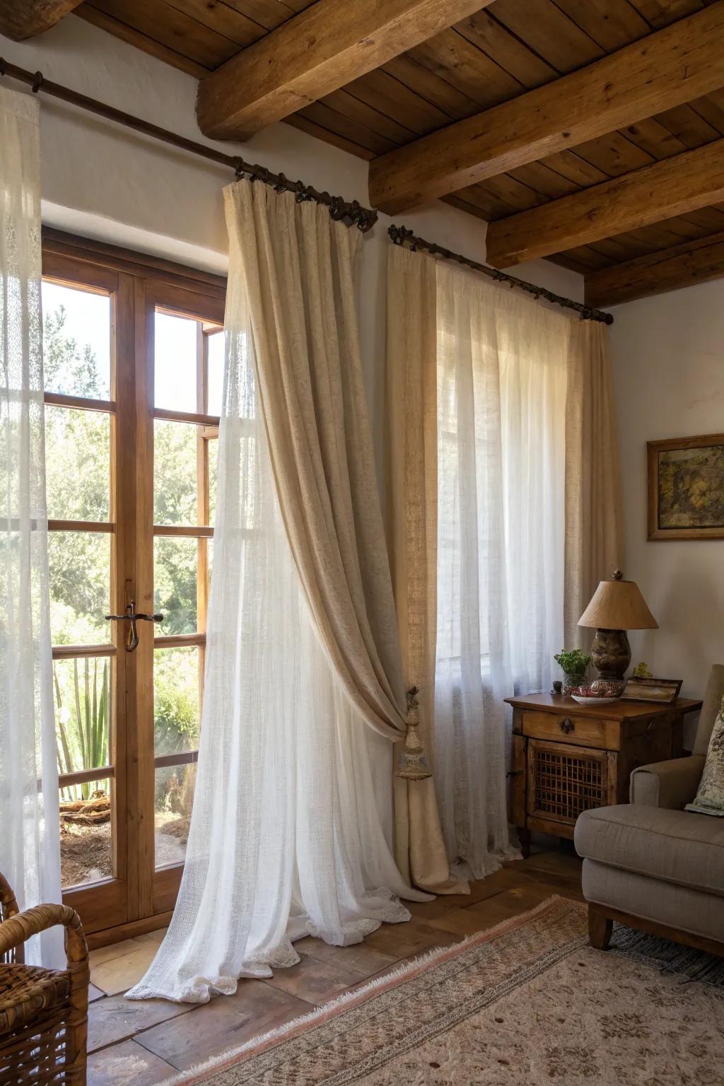 Layered window coverings add depth and richness to your country-style design.