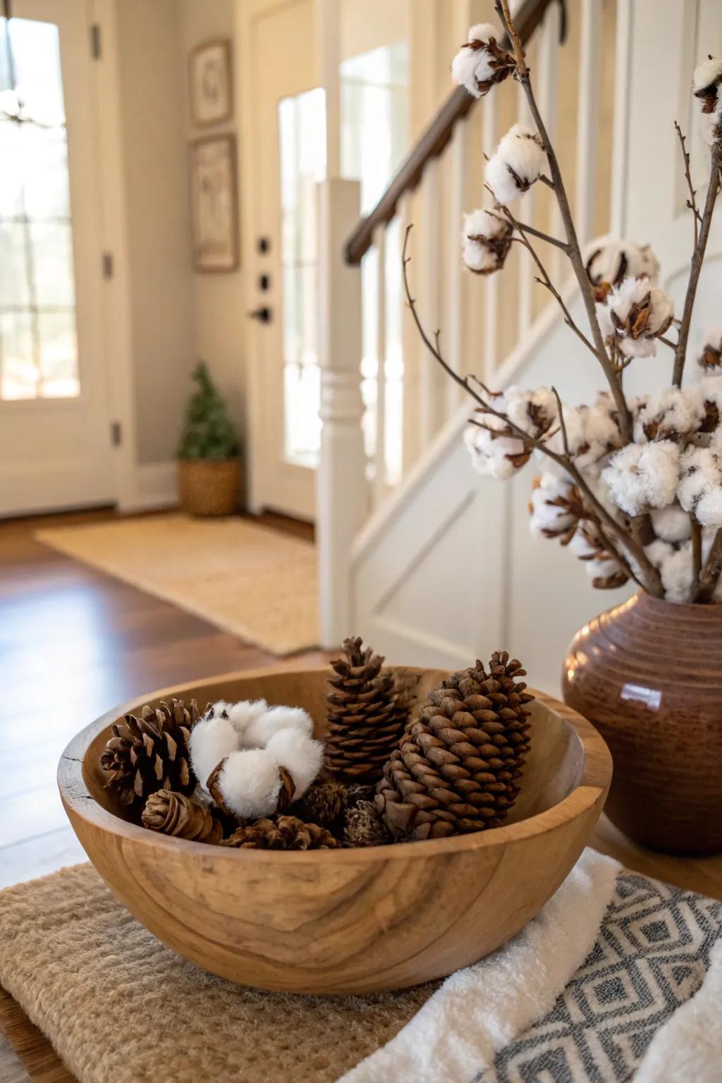 A comfortable entrance show with cotton and pine cones.