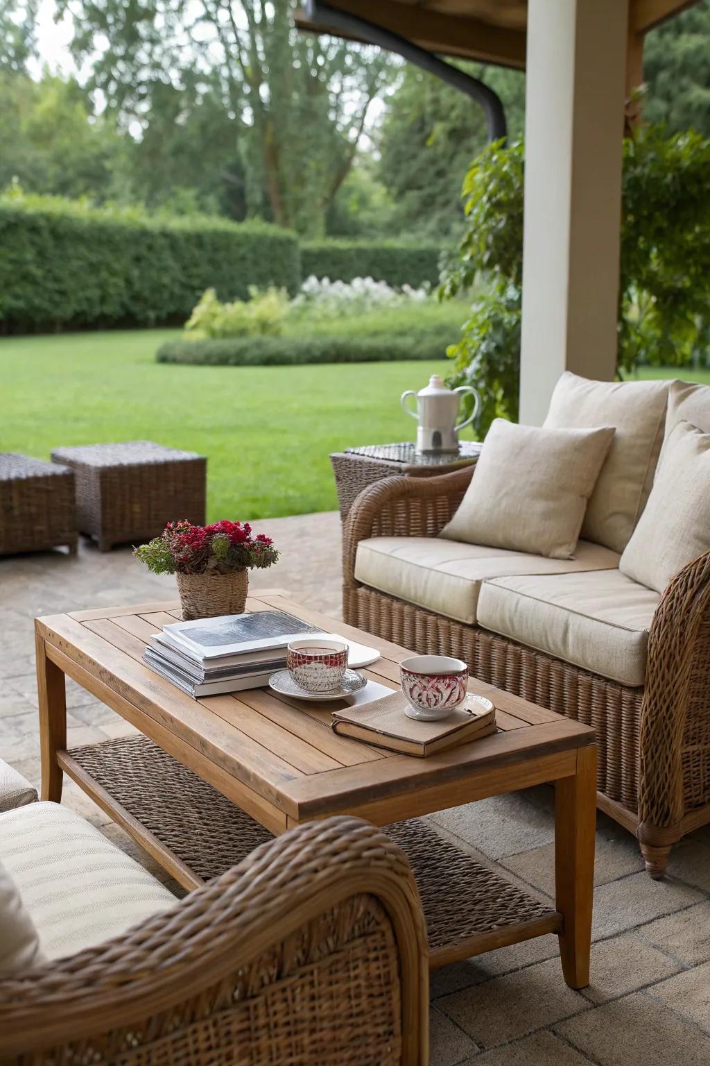 Cushioned wicker seating appends ease and style.
