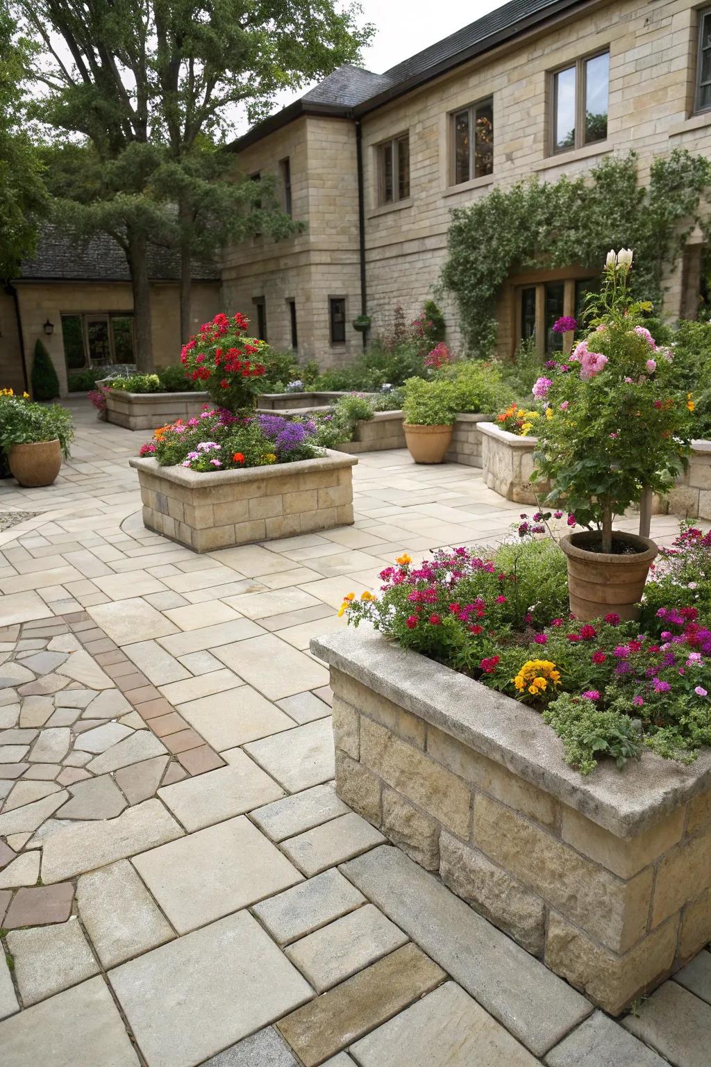 Elevate your courtyard with greenery incorporated into the hardscape layout.