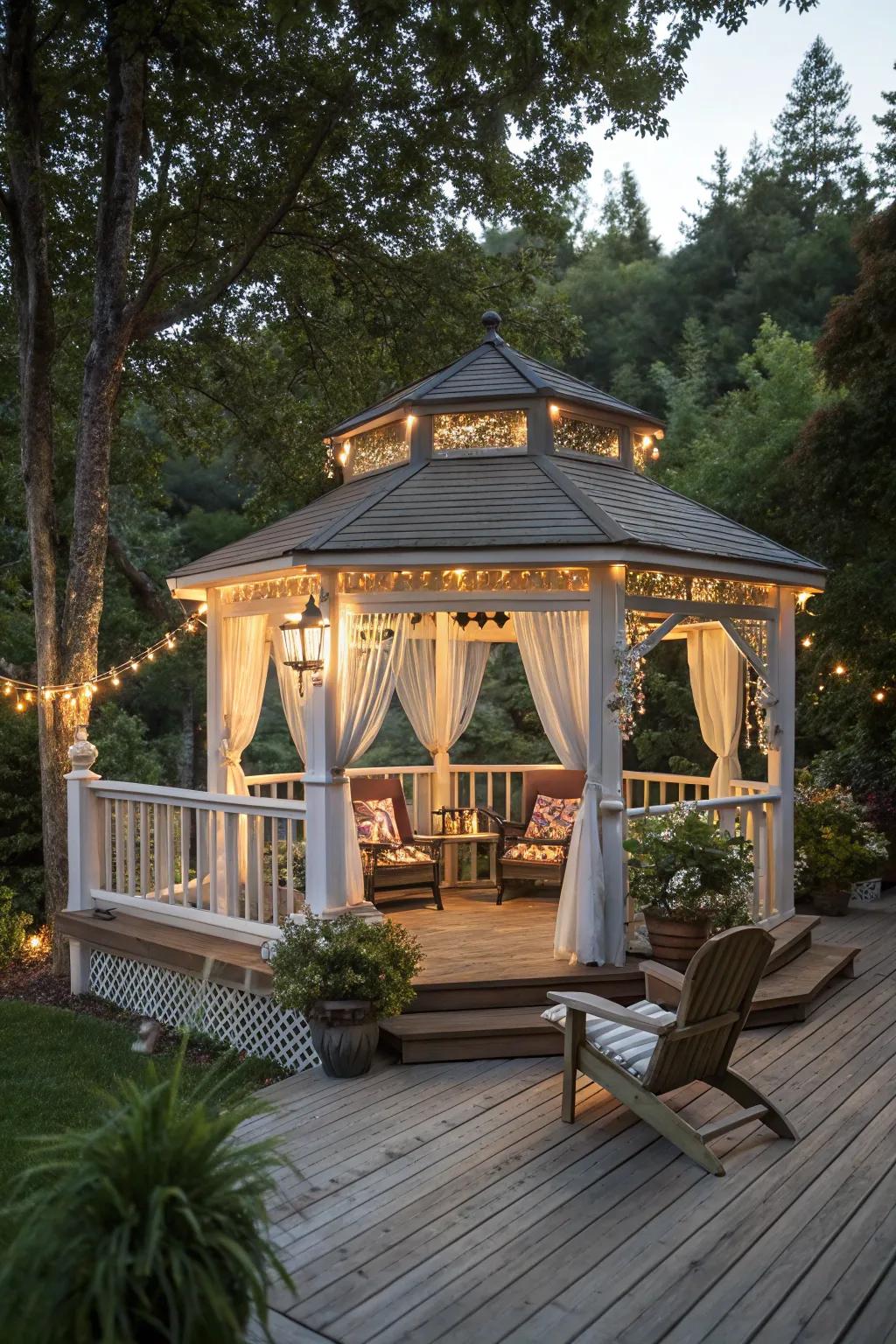 A summerhouse turns your deck into a cozy retreat with traditional elegance.
