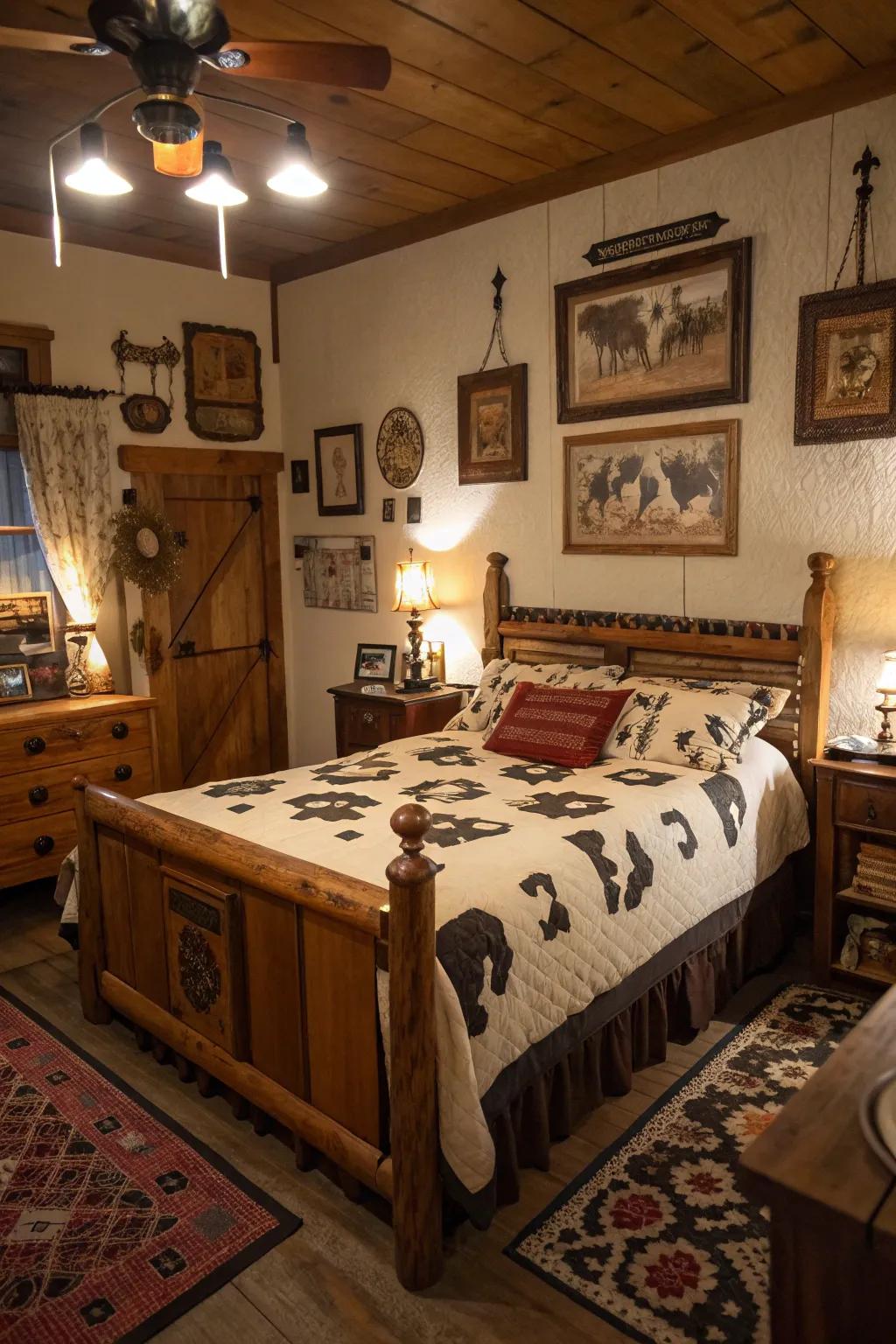 A Western-inspired room beautifully complements bovine pattern décor.