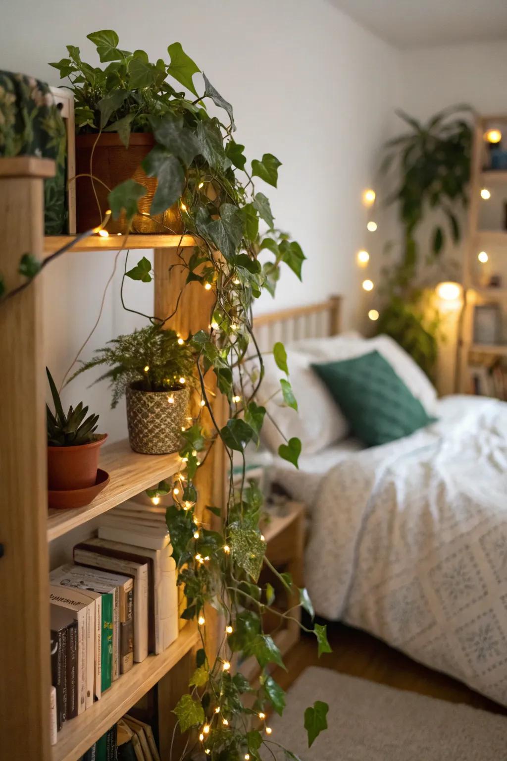 Indoor plants entwined with sparkle lights in a bedroom.