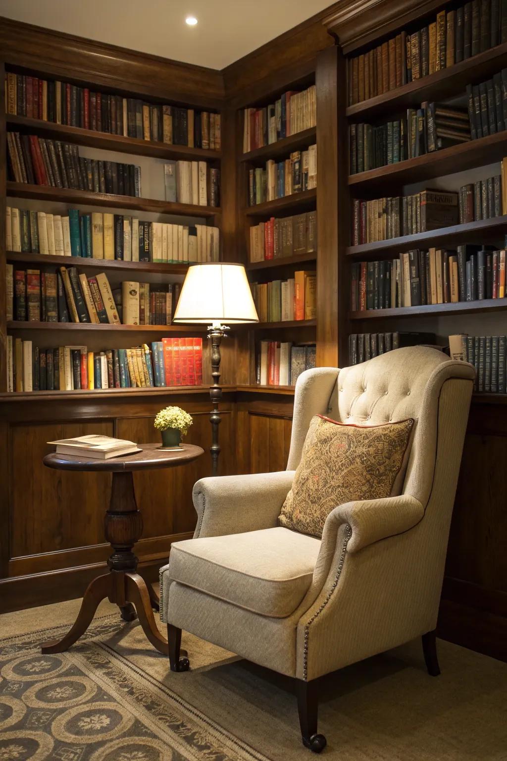 Bookshelves provide a lovely and practical backdrop for a cozy reading nook.