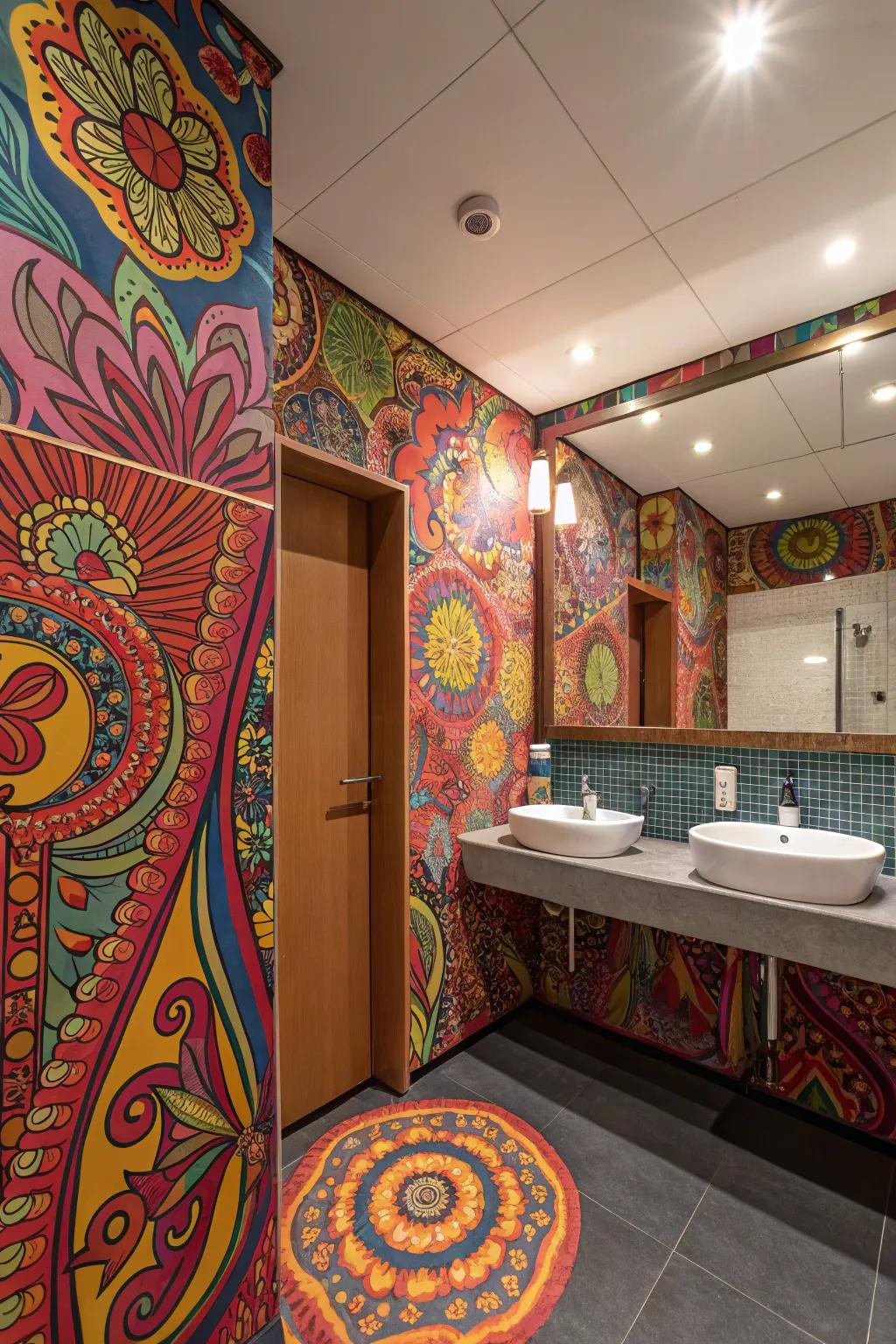 A bathroom brimming with vibrant, psychedelic designs.