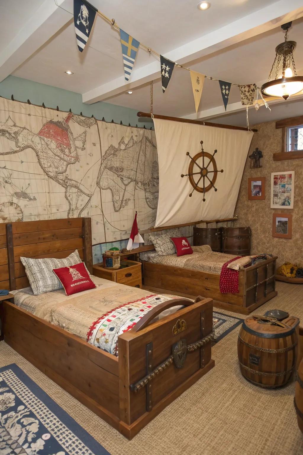 A pirate-themed bedroom featuring ship-style beds and treasure accents.