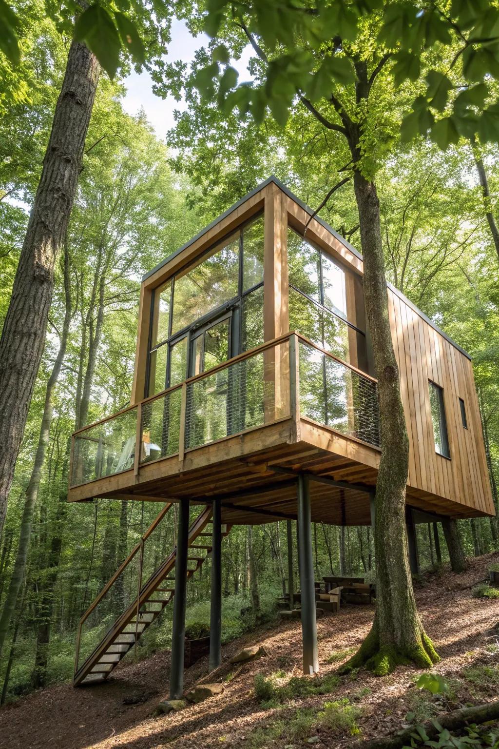 A delightful treehouse design that combines elegance with the enchantment of the natural world.
