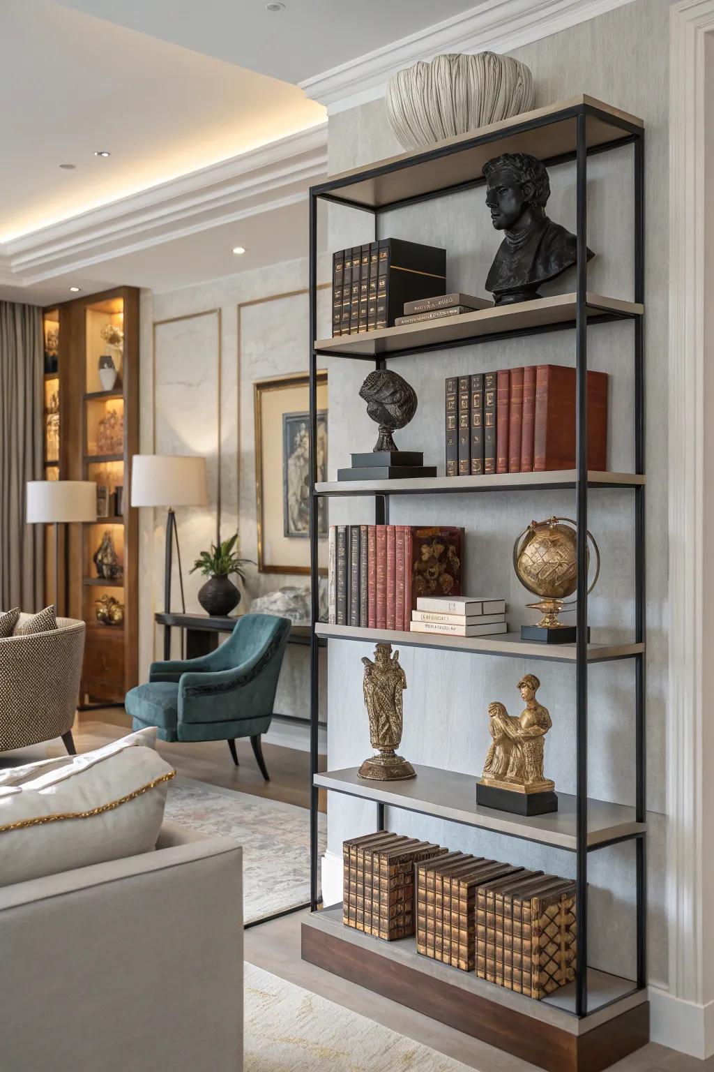 Artistic shelving units perfectly blend functionality and aesthetics.