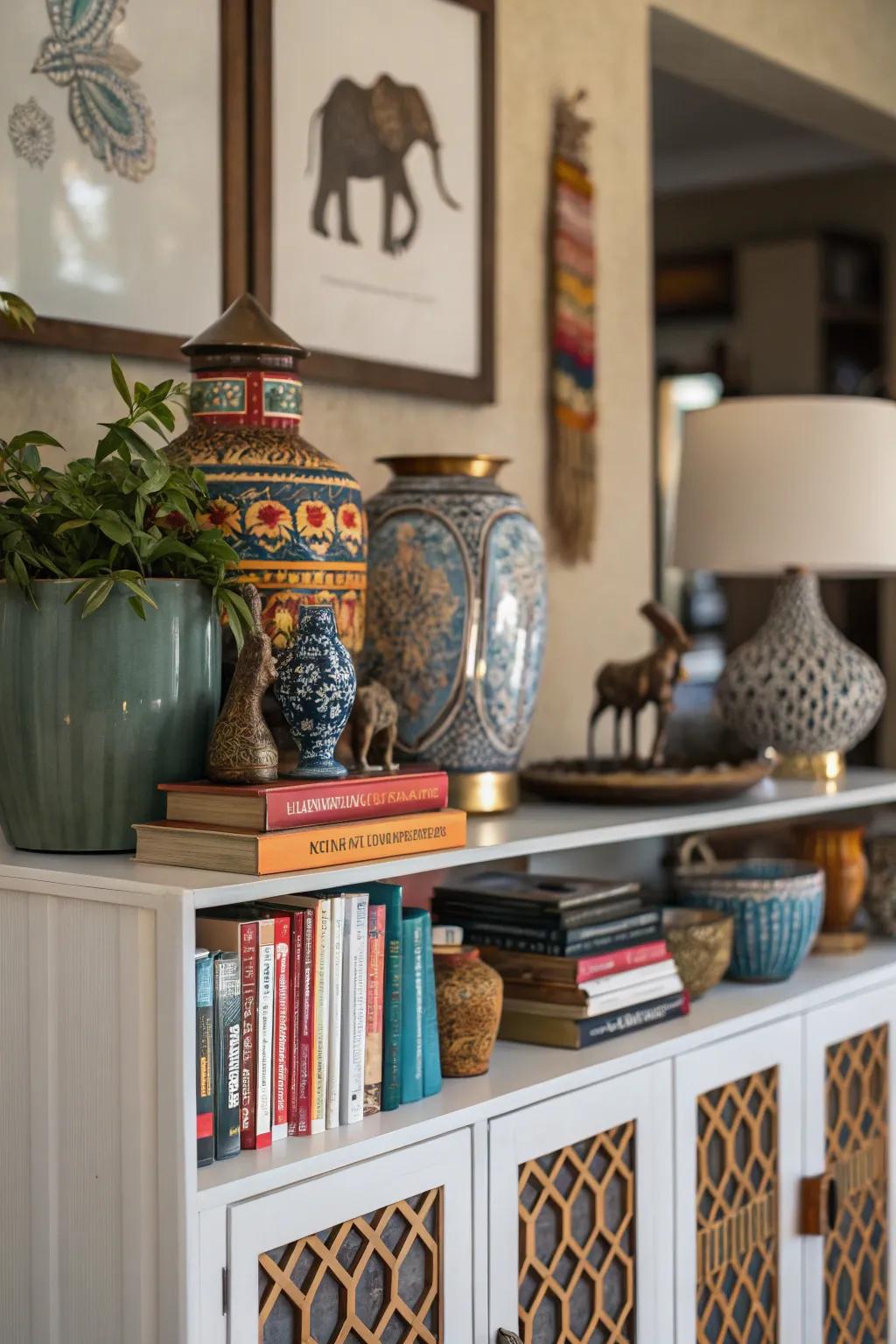 A display cabinet styled with ornamental items for a personal touch.