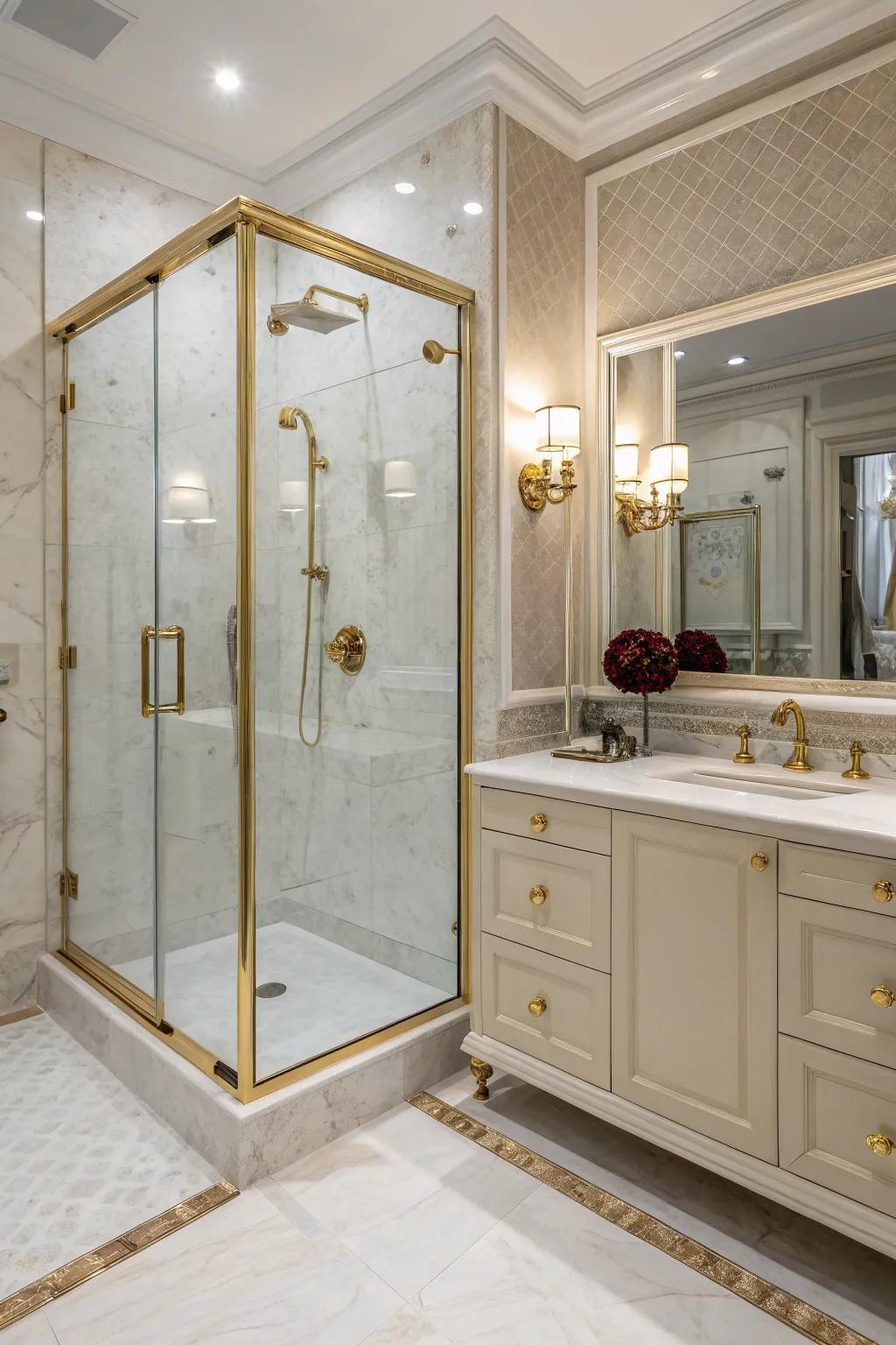 Elegant hardware introduces a hint of luxury to refined marble alternative showers.